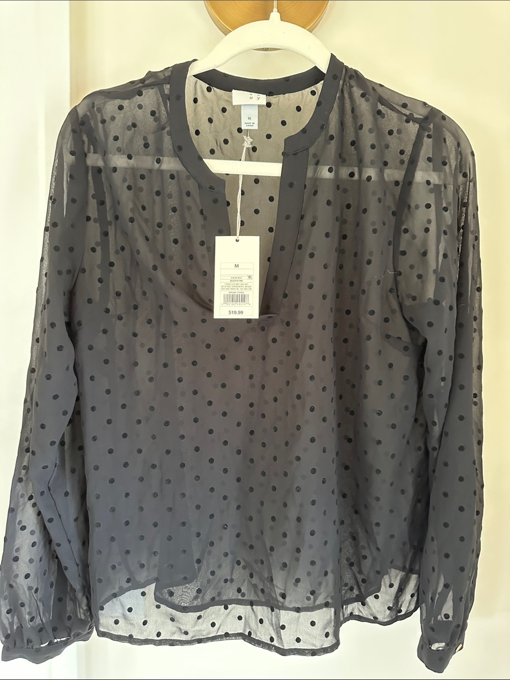 Sheer Polka Dot Long-Sleeve Blouse - black